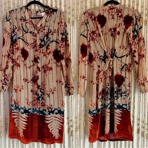 Oilily Vintage Indie Boho Floral Velvet Semi Sheer Button Down Open Front Maxi